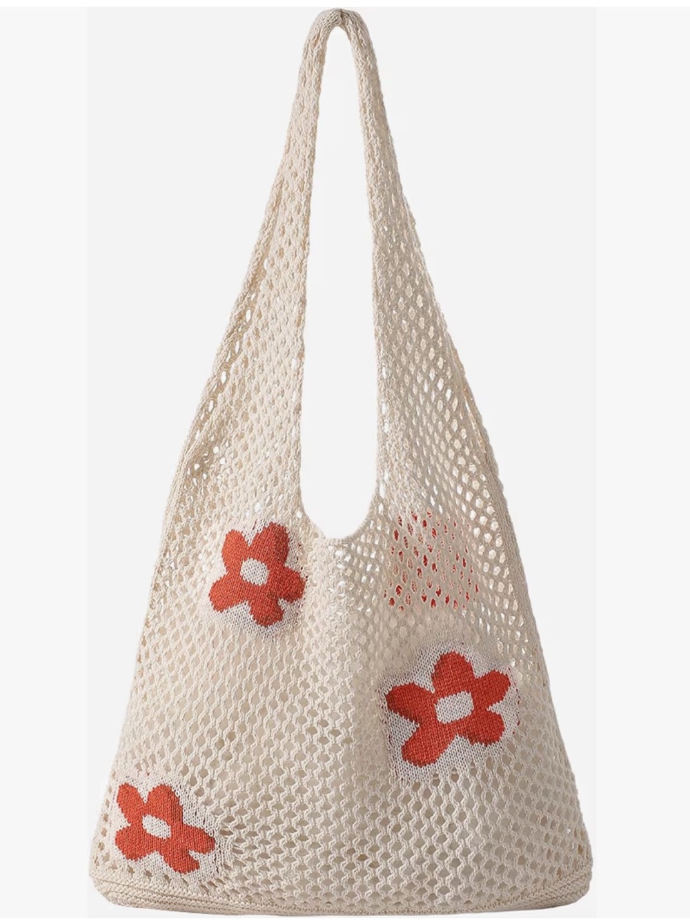 Cream Crochet Tote Bag with Orange Flower Accents